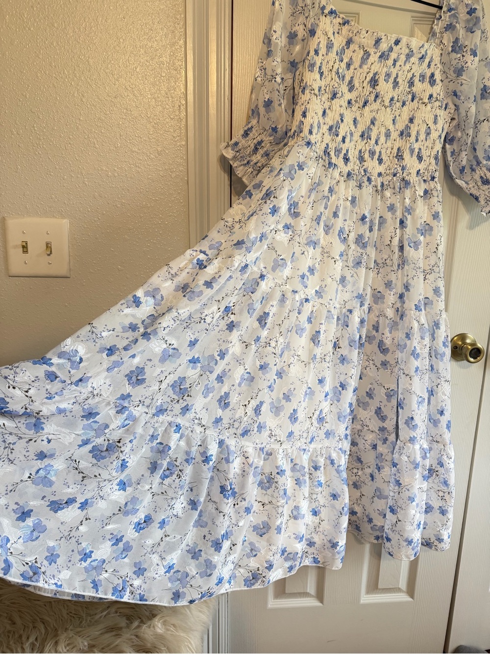 Baltic Born Blue Floral Smocked Midi Maxi Dress XL puffed sleeve smocked bodice - Picture 7 of 11